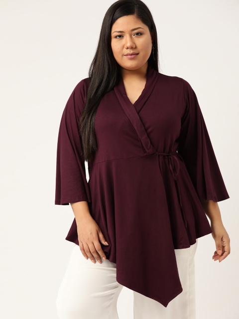 

Revolution Women Plus Size Burgundy Solid Asymmetric Wrap Top