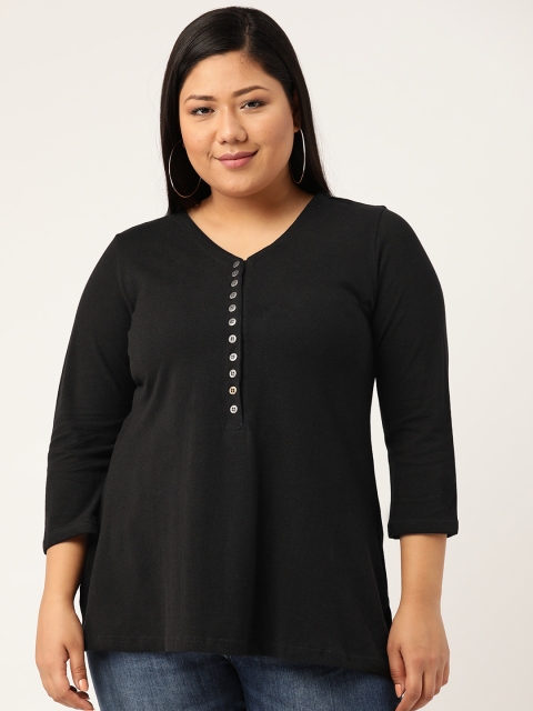 

Revolution Plus Size Women Black Solid V-Neck Pure Cotton T-shirt