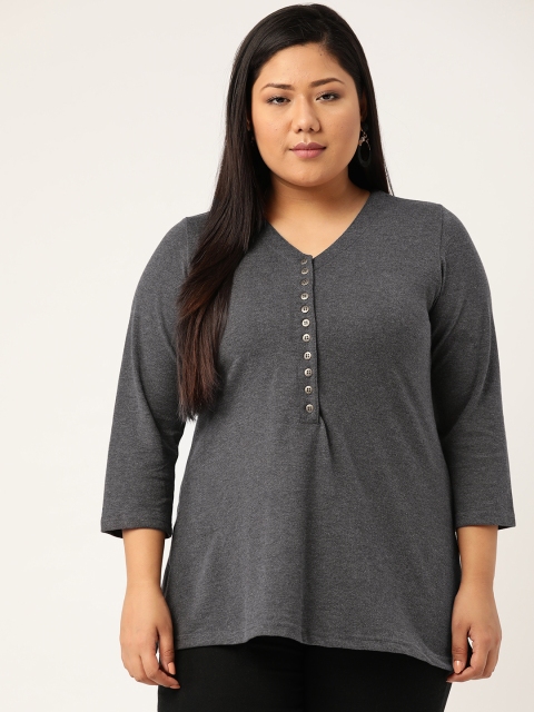 

Revolution Plus Size Women Charcoal Grey Solid V-Neck Pure Cotton T-shirt