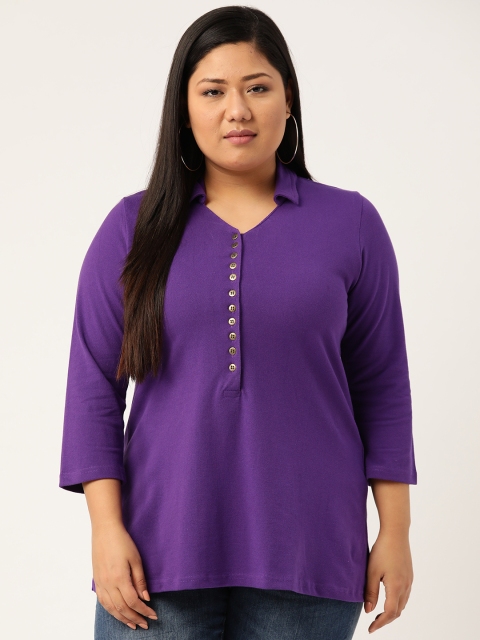 

Revolution Plus Size Women Purple Solid Polo Collar T-shirt