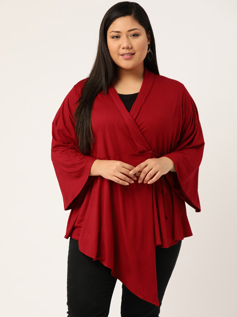 

Revolution Plus Size Women Maroon Solid Asymmetric Hem Wrap Top