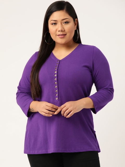 

Revolution Plus Size Women Purple Solid V-Neck T-shirt