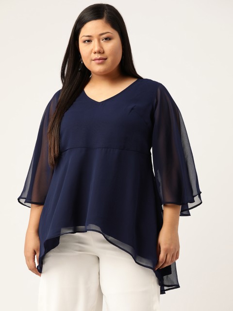 

Revolution Women Plus Size Navy Blue Solid Longline High-Low A-Line Top