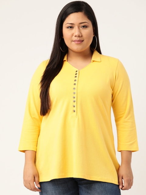 

Revolution Women Plus Size Yellow Solid Polo Collar T-shirt