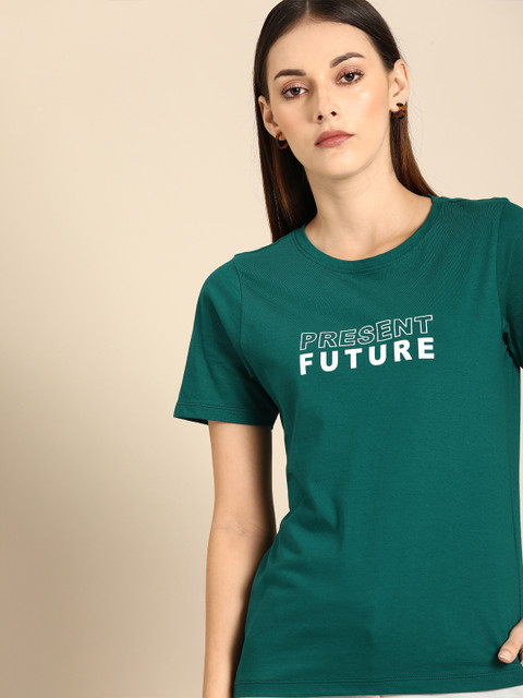 

ether Women Green Printed Round Neck T-shirt