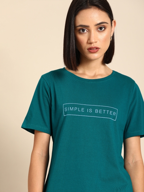 

ether Women Teal Blue Printed Round Neck T-shirt