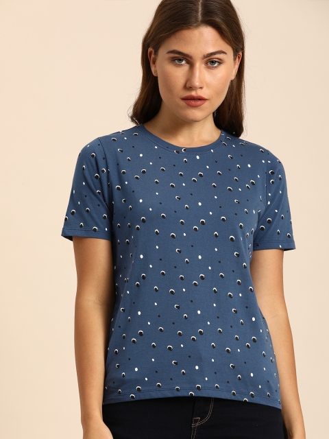 

ether Women Teal Blue & Black Printed Round Neck T-shirt