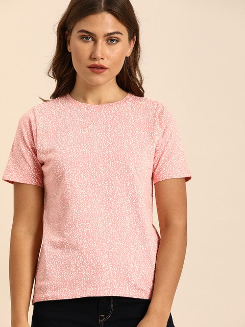

ether Women Pink & White Printed Round Neck T-shirt