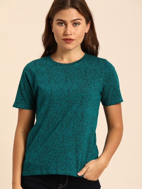 

ether Women Teal Green Printed Round Neck T-shirt