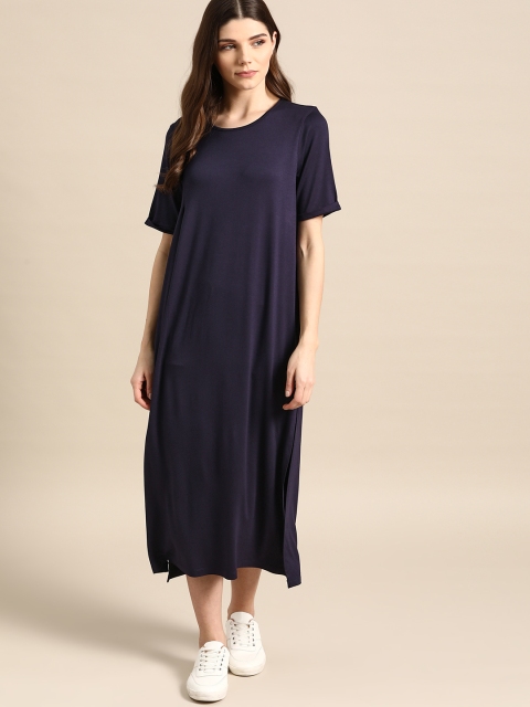 

ether Women Navy Blue Solid T-Shirt Maxi Dress