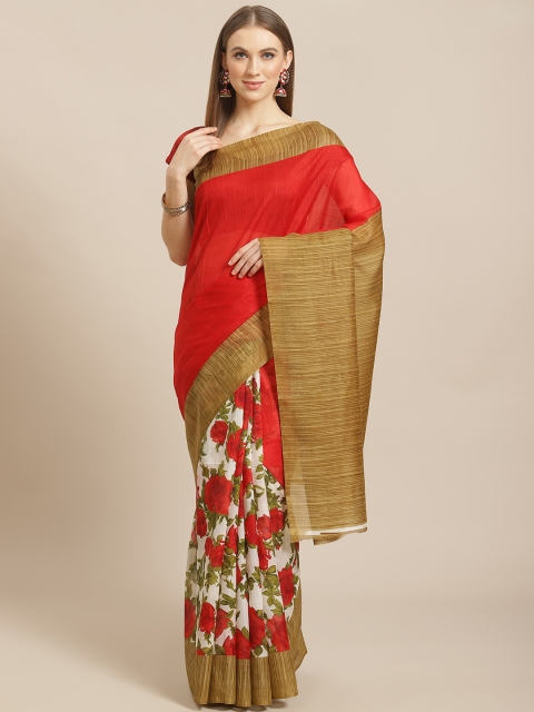 

KALINI Red & Beige Silk Blend Solid Kanjeevaram Saree