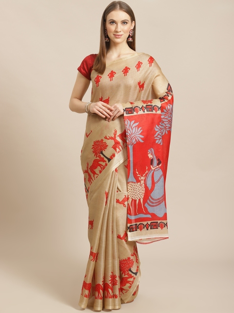 

KALINI Beige & Red Printed Mysore Silk Saree