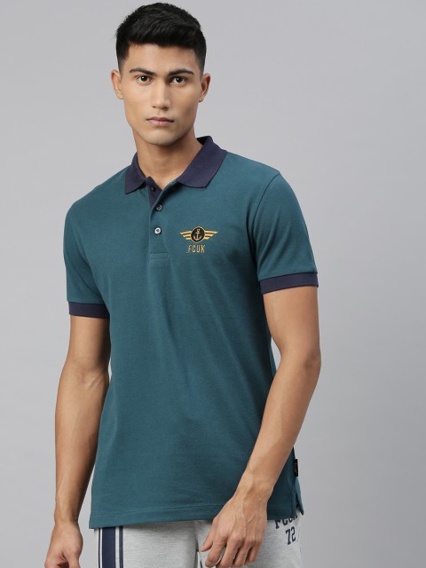 

French Connection Men Teal Green Slim Fit Solid Contrast Polo Collar Pure Cotton T-shirt