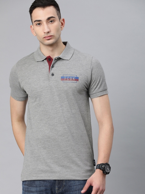 

French Connection Men Grey Solid Polo Collar Pure Cotton T-shirt