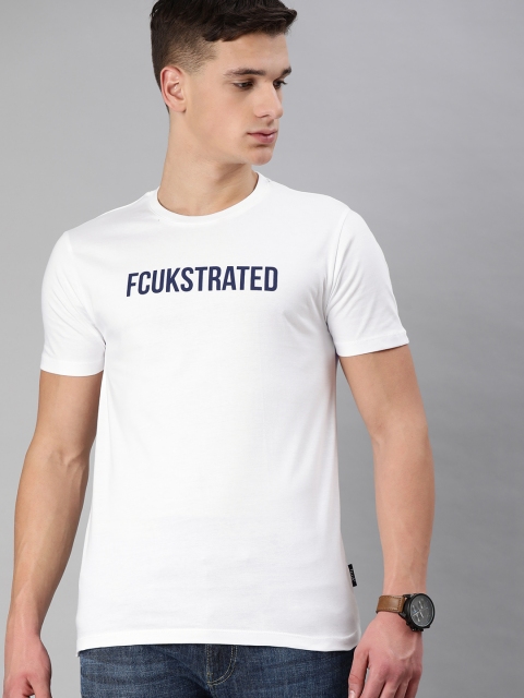 

French Connection Men White Solid Pure Cotton Round Neck T-shirt with Printed Detail