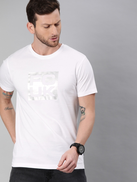 

French Connection Men White & Silver Brand Logo Print Slim Fit Pure Cotton T-shirt