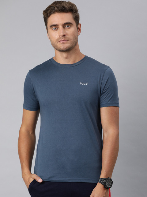 

French Connection Men Blue Solid Cotton Round Neck T-shirt
