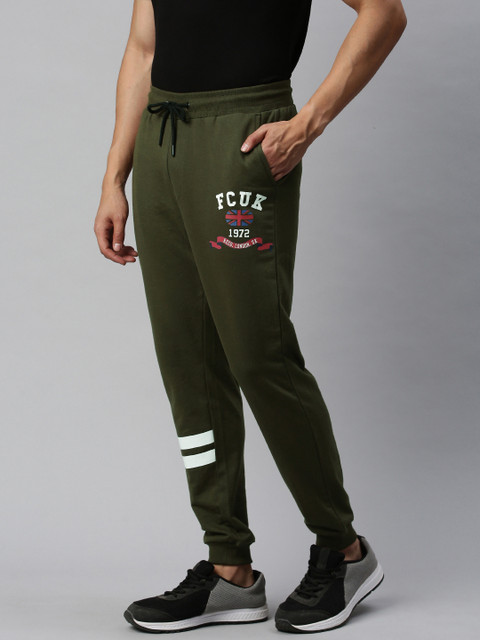 

French Connection Men Olive Green Slim Fit Solid Joggers with Printed Detailing