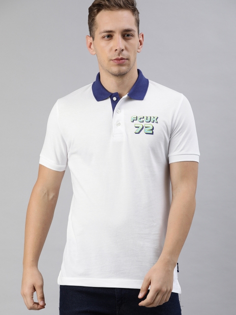 

French Connection Men White Solid Polo Collar T-shirt with Brand Logo Print