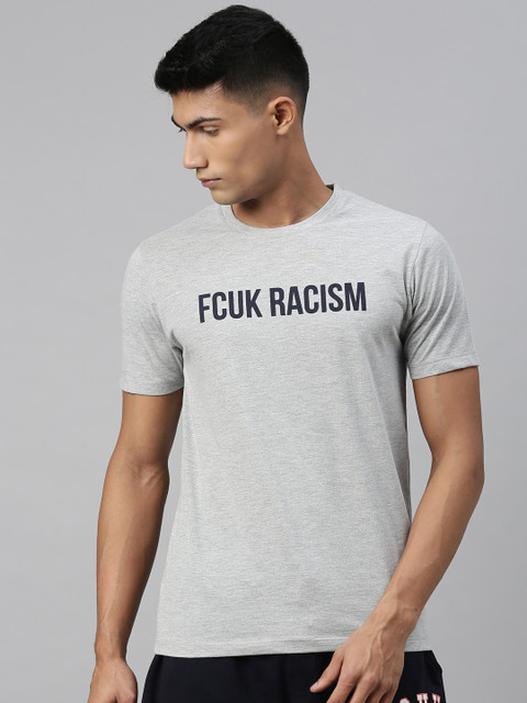 

French Connection Men Grey Melange Printed Round Neck T-shirt
