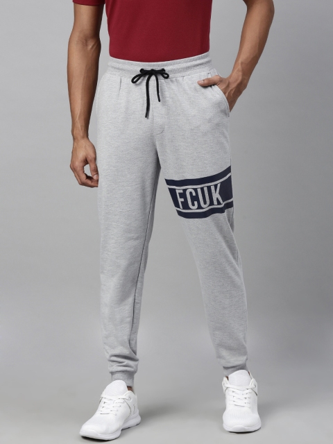 

French Connection Men Grey Melange Solid Slim Fit Joggers With Printed Detailing