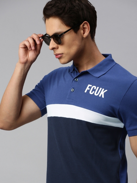 

French Connection Men Blue Colourblocked Polo Collar Pure Cotton T-shirt