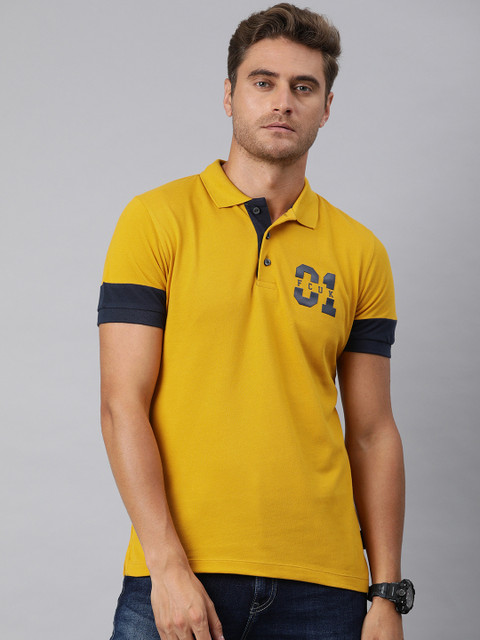 

French Connection Men Yellow Solid Cotton Polo Collar Pure Cotton T-shirt