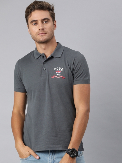 

French Connection Men Grey Solid Polo Collar Pure Cotton T-shirt