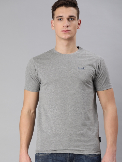 

French Connection Men Grey Melange Solid Round Neck T-shirt