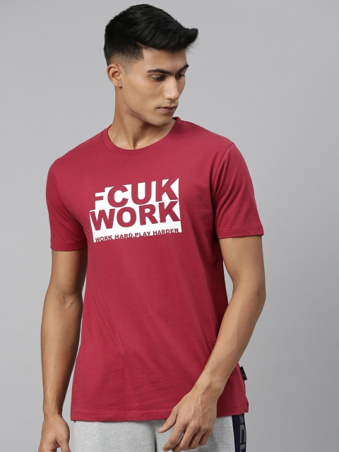 

French Connection Men Red Printed Round Neck Pure Cotton T-shirt