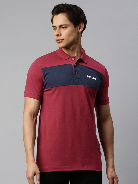 

French Connection Men Red Colourblocked Polo Collar Pure Cotton T-shirt