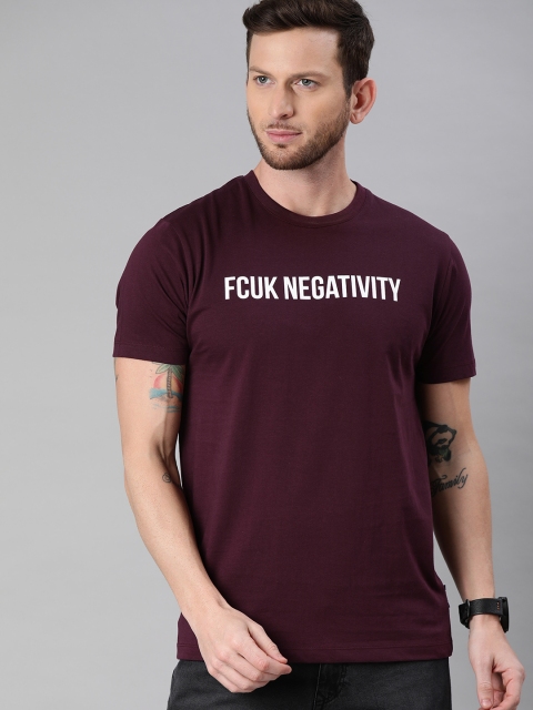 

French Connection Men Burgundy Brand Logo Print Slim Fit Pure Cotton T-shirt