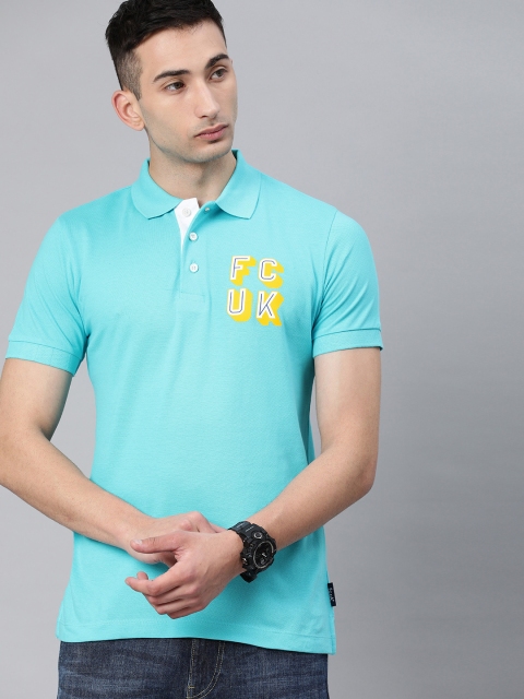 

French Connection Men Turquoise Blue Solid Polo Collar T-shirt