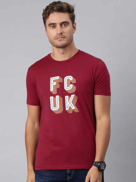 

French Connection Men Maroon Printed Round Neck Pure Cotton T-shirt