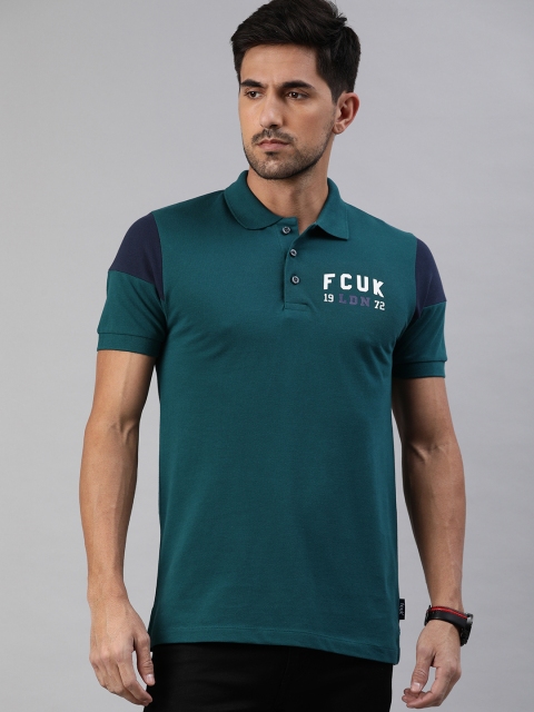 

French Connection Men Green Solid Polo Collar Pure Cotton T-shirt with Brand Logo Print
