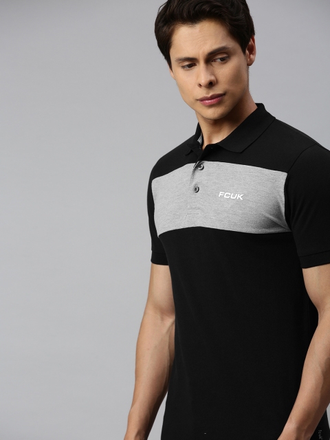 

French Connection Men Black Striped Polo Collar T-shirt