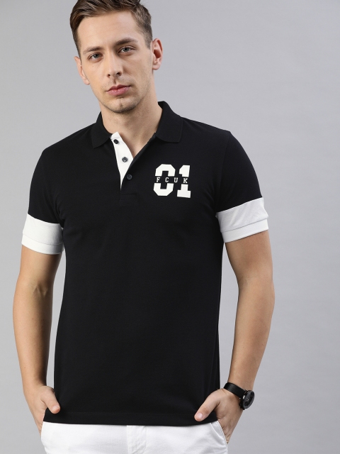 

French Connection Men Black Slim Fit Solid Polo Collar Pure Cotton T-shirt with Printed Detailing