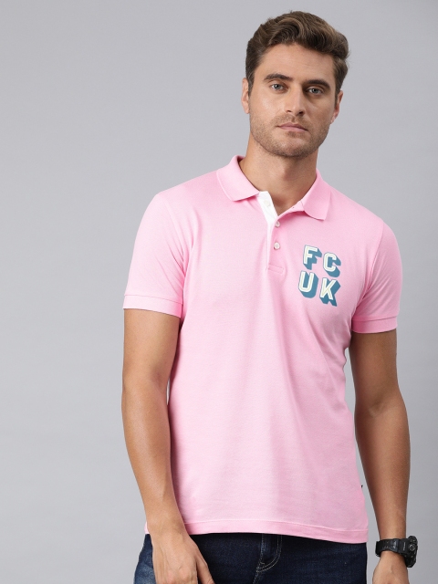 

French Connection Men Pink Solid Cotton Polo Collar Pure Cotton T-shirt