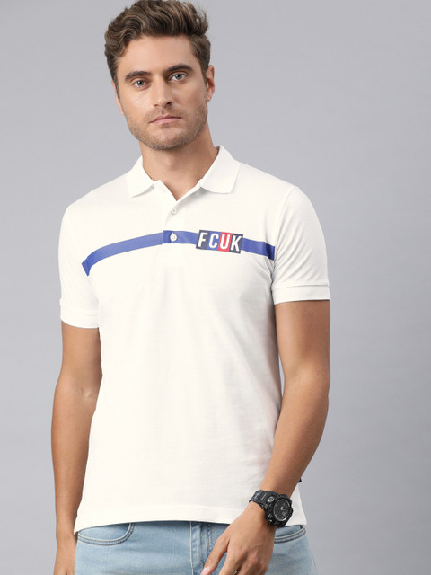 

French Connection Men White Striped Polo Collar T-shirt