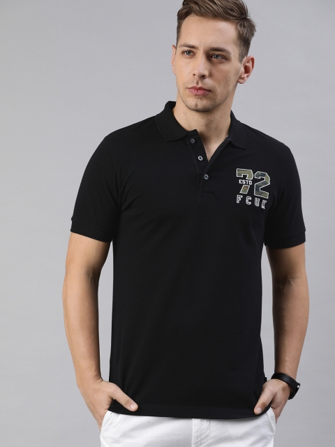 

French Connection Men Black Slim Fit Solid Polo Collar T-shirt with Printed Detailing