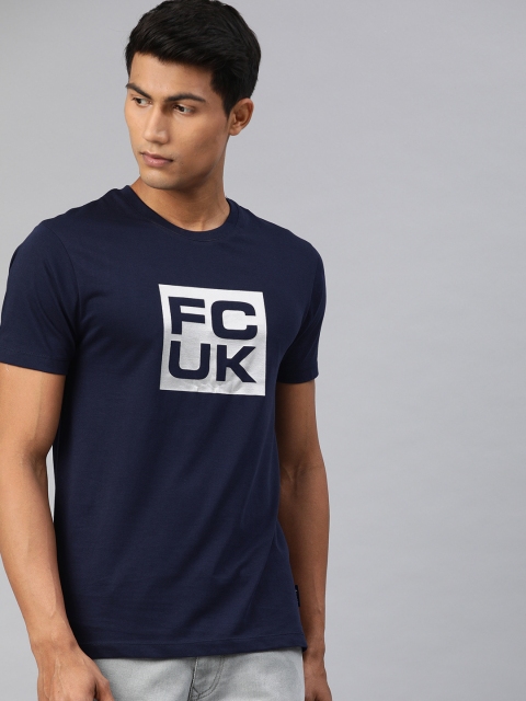 

French Connection Men Navy Blue Printed Round Neck T-shirt