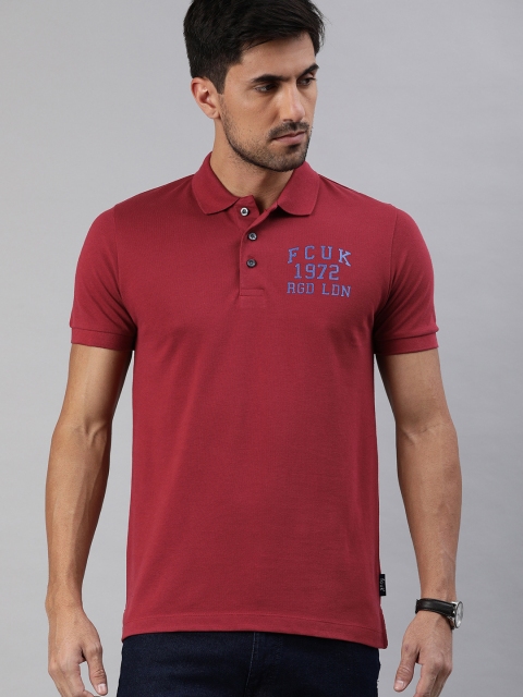 

French Connection Men Rust Red Solid Polo Collar Pure Cotton T-shirt with Brand Logo Print
