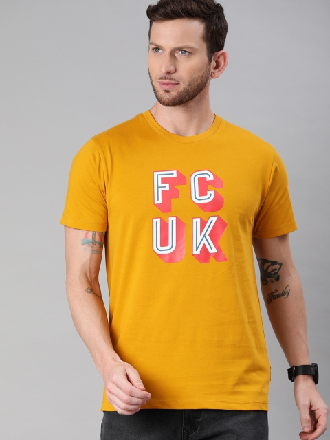 

French Connection Men Mustard Yellow White Brand Logo Print Slim Fit Cotton Pure Cotton T-shirt