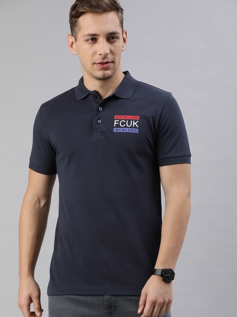 

French Connection Men Blue Solid Polo Collar T-shirt with Brand Logo Print