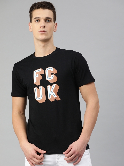 

French Connection Men Black Printed Round Neck Pure Cotton T-shirt