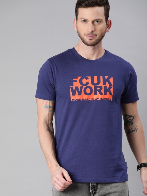 

French Connection Men Blue Printed Pure Cotton Round Neck T-shirt