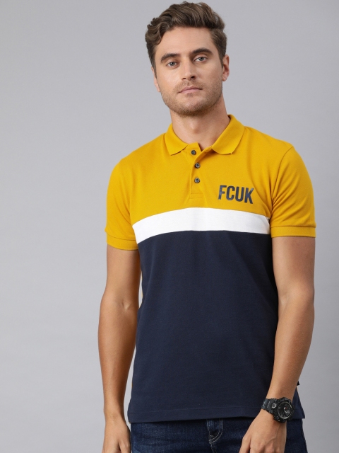 

French Connection Men Yellow Colourblocked Polo Collar Pure Cotton T-shirt
