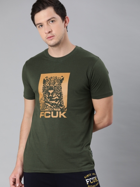 

French Connection Men Olive Green Printed Slim Fit Round Neck T-shirt
