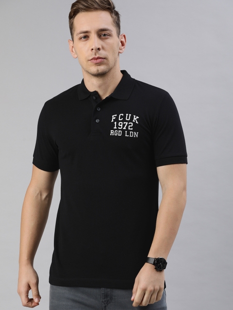 

French Connection Men Black Printed Polo Collar T-shirt with Brand Logo Print