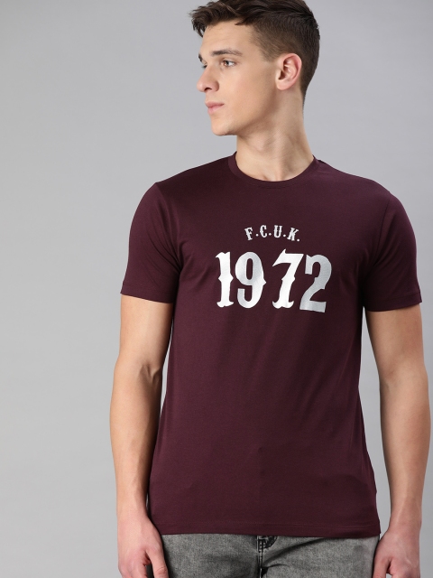 

French Connection Men Burgundy Silver Brand Logo Print Slim Fit Pure Cotton T-shirt